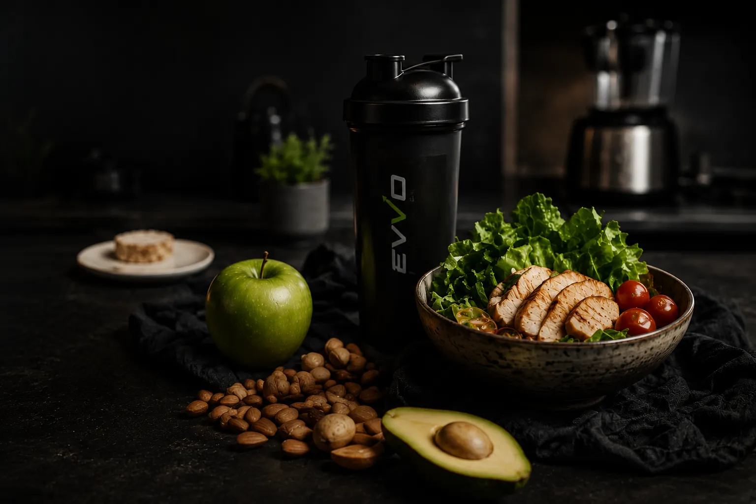 Mesa com alimentos frescos e uma coqueteleira EVVO